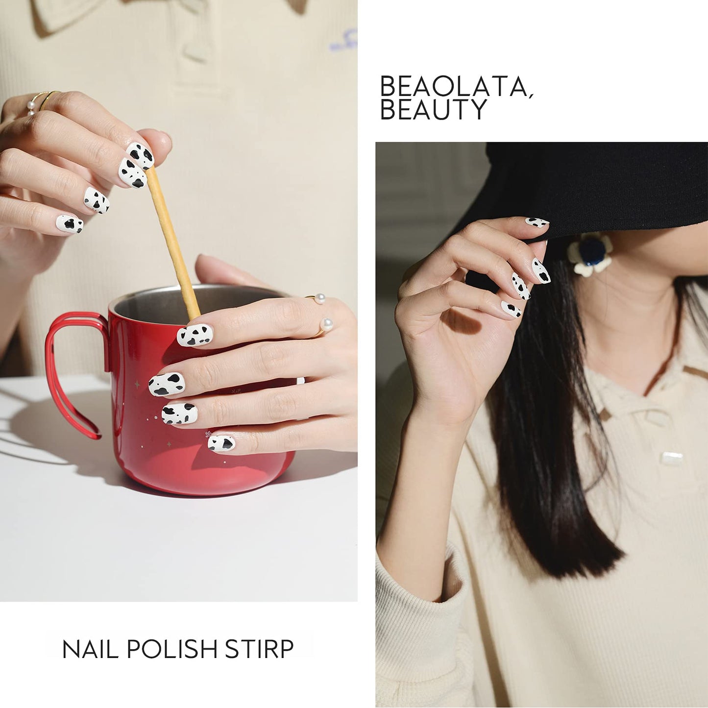 Beaolata Nail Polish Strips, 32PCS Salon Quality Wraps, Long Lasting Gel Nail Stickers for Women Easy Apply& Remove (Milk Black&White)