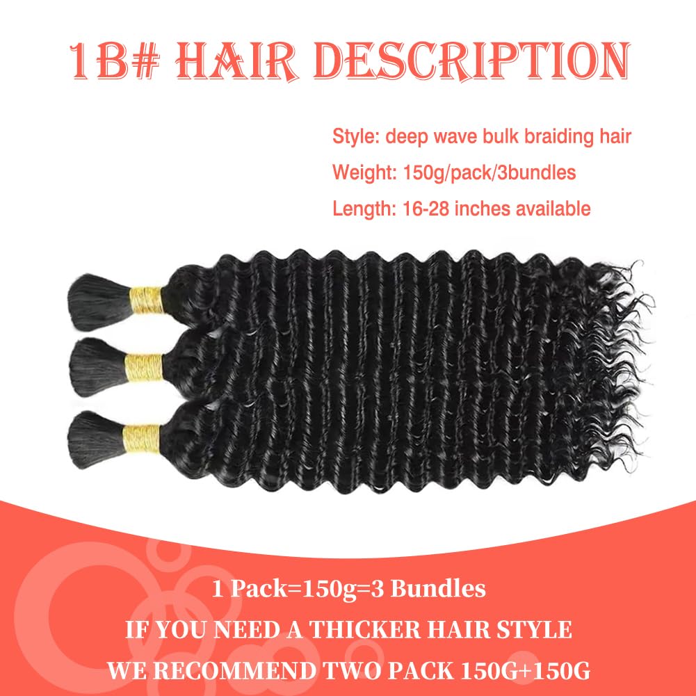 150g 18 Inch Human Braiding Hair Deep Wave Bulk Human Hair for Braiding 3 Bundles/Pack No Weft Human Deep Curly Braiding Hair for Boho Braids Brazilian Virgin Human Hair Extensions Natural Color