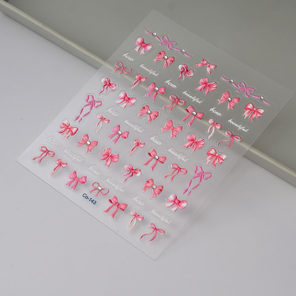 5D Embossed Bow Nail Stickers Pink Bowknot Nail Art Stickers with Rhinestone Design Bow Nail Decals for Women Girls Acrylic Nails DIY Manicure Nail Supplies