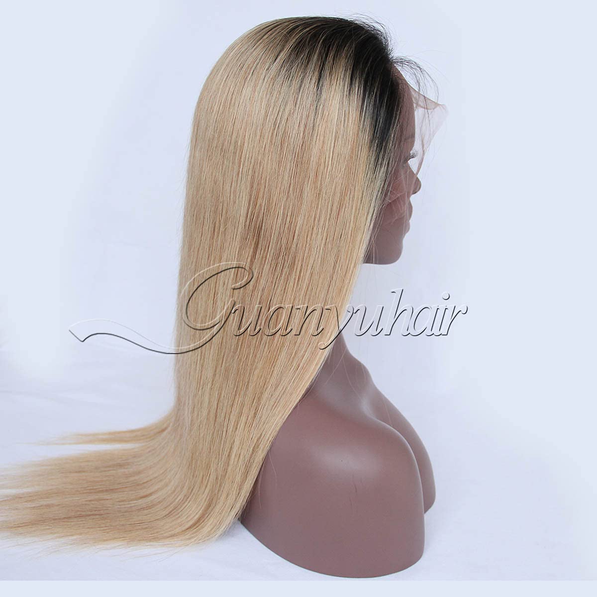 Guanyuwigs Ombre #1B/27 Honey Blonde 360 Lace Frontal Wig pre plucked Brazilian Human Hair Silky Straight Full Lace Wig For Black Women 150 Density 14inch