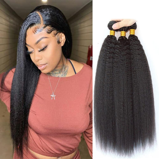 1B Yaki Straight Bundles Human Hair Color 1B Kinky Straight Bundles 8a Grade Double Weft Brazilian Remy Hair Weave Extensions Soft and Silky for Black Women (24 26 28 inch 3 Bundles)