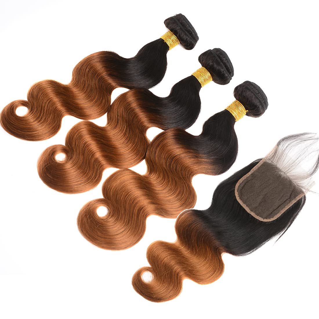 Ombre Human Hair 3 Bundles With 4x4 Lace Closure 1B/30 Two-tone Ombre Brown Body Wave Bundles with Closure Brazilian Virgin Human Hair Extensions For Women (T1B/30,12 14 16 +10)