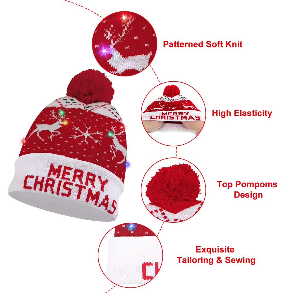 OurWarm LED Christmas Hat, Light Up Christmas Hat Unisex Blue Knitted Beanie Holiday Hat with Snowman Printing for Party