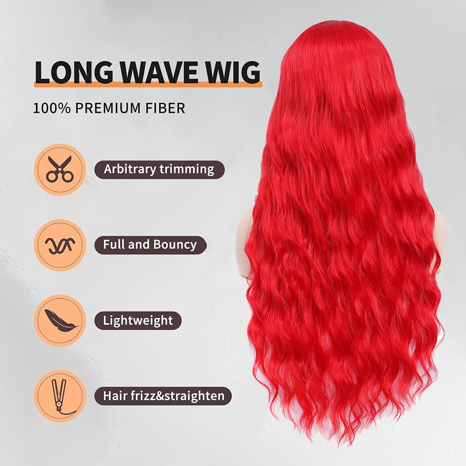 COSYMAY Red Wig Long Wavy Heat Resistant Fiber Wigs With Bangs for Girls Daily Cosplay Party Use for Women