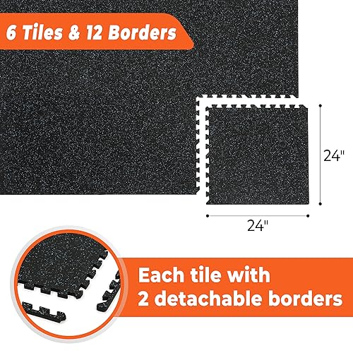 SUPERJARE 0.4'' Thick 6 Pcs 24 Sq Ft Rubber Top Exercise Equipment Mats, High Density EVA Foam Mats with Rubber Top, Interlocking Gym Flooring for Home Gym, Protective Workout Mat, Black
