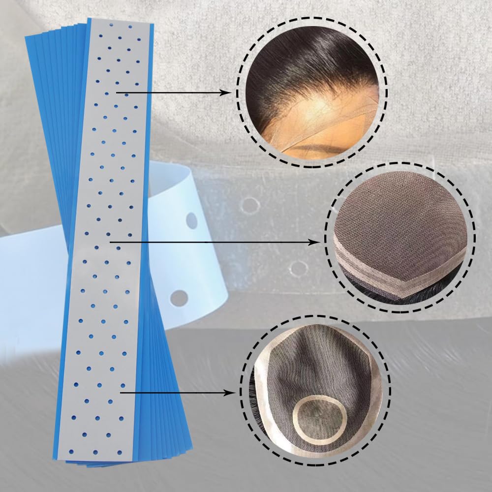 10 Pieces Wig Tape Strips Double Sided Bonding Clear Waterproof Adhesive Tape Hair Tape for Lace Wig Toupee Hairpiece (Blue Hole Plus)