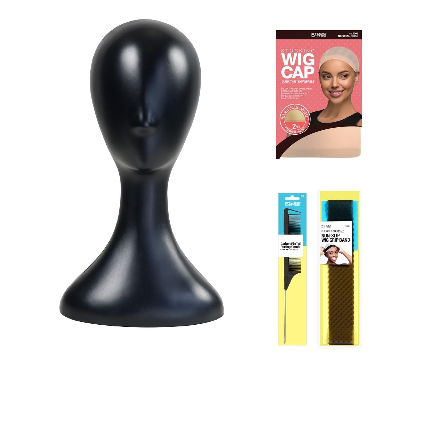16 Inch Studio Limited Professional Plastic Mannequin Head Durable Wig Head Stand Torso Styling Making Display Holder with Jack for Wigs, Hat, Mask, Headdress (Black 1 + 3 Pcs Wig Band Set)