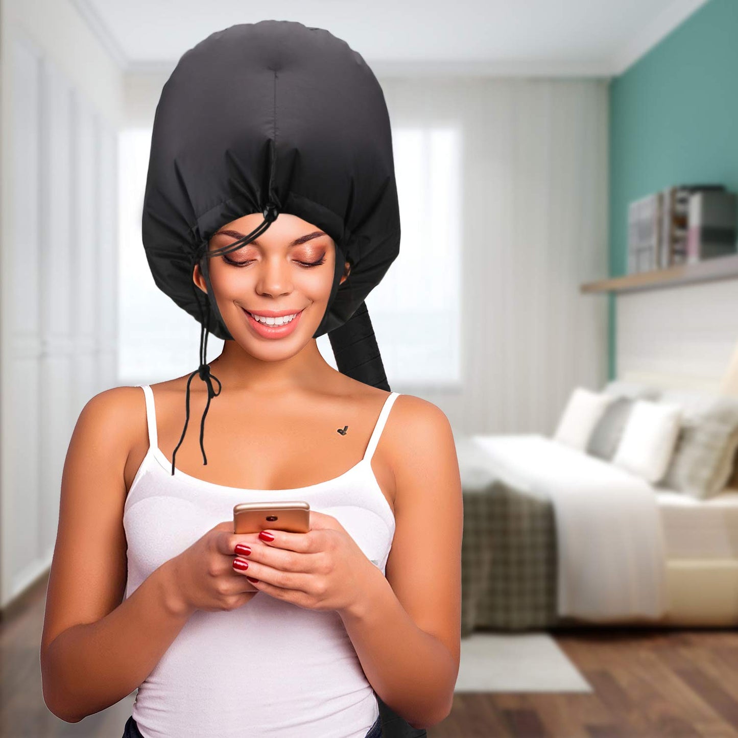 Bonnet Hooded Hair Dryer Attachment, Larger Adjustable Deep Conditioning Cap for Fast Hair Drying with Elastic Band for Fixing Free, Hair Curling Nursing Oil Treat-Ment SPA Steamer Cap