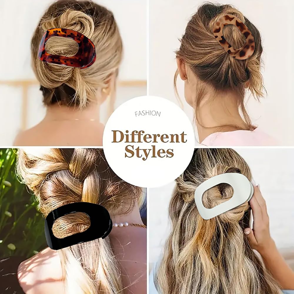 4 PCS Flat Hair Clips, Round Lay Down Claw for Women Girls, French Strong Hold Barrettes for Thick Thin Hair, Comfortable Curved Flat for Lying, Driving and More (Tortoise)
