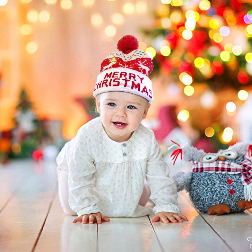 OurWarm LED Christmas Hat, Light Up Christmas Hat Unisex Blue Knitted Beanie Holiday Hat with Snowman Printing for Party