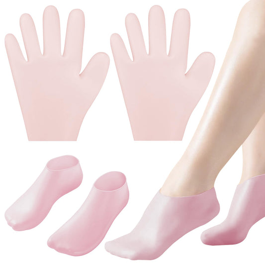 2 Pair Silicone Moisturizing Socks Gloves Set, Gel Socks for Dry Cracked Feet Women Men, Lotion Aloe Spa Pedicure Socks for Foot Softening Care, Silicone Hand and Feet Gloves (Pink)