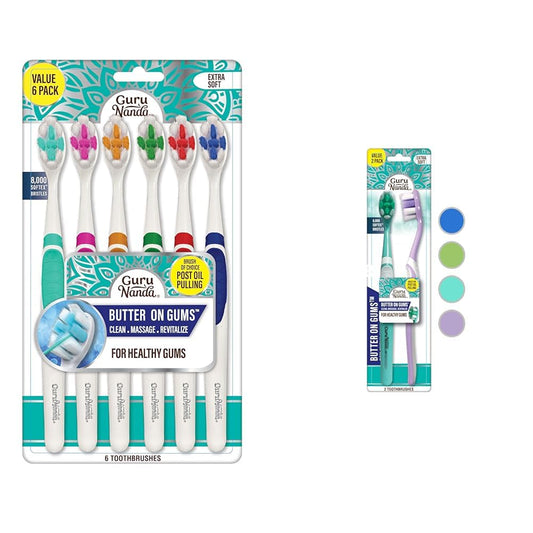 GuruNanda Butter On Gums Toothbrush Bundle with 8000+ Softex Bristles, 6 Count & Extra Soft Bristles, 2 Count