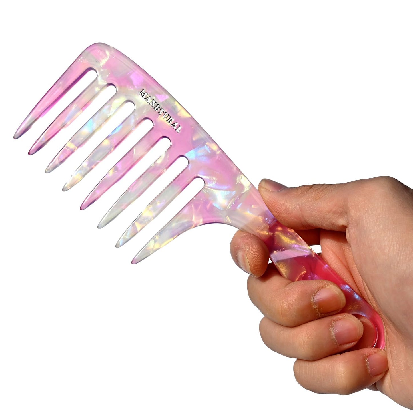 MANETURAL D1 | wide tooth comb 7.4"for easy portability. Suitable for Women's/girl curly, curly and tight hair, the short handle design is easy to carry. Acetate comb (Pink B)