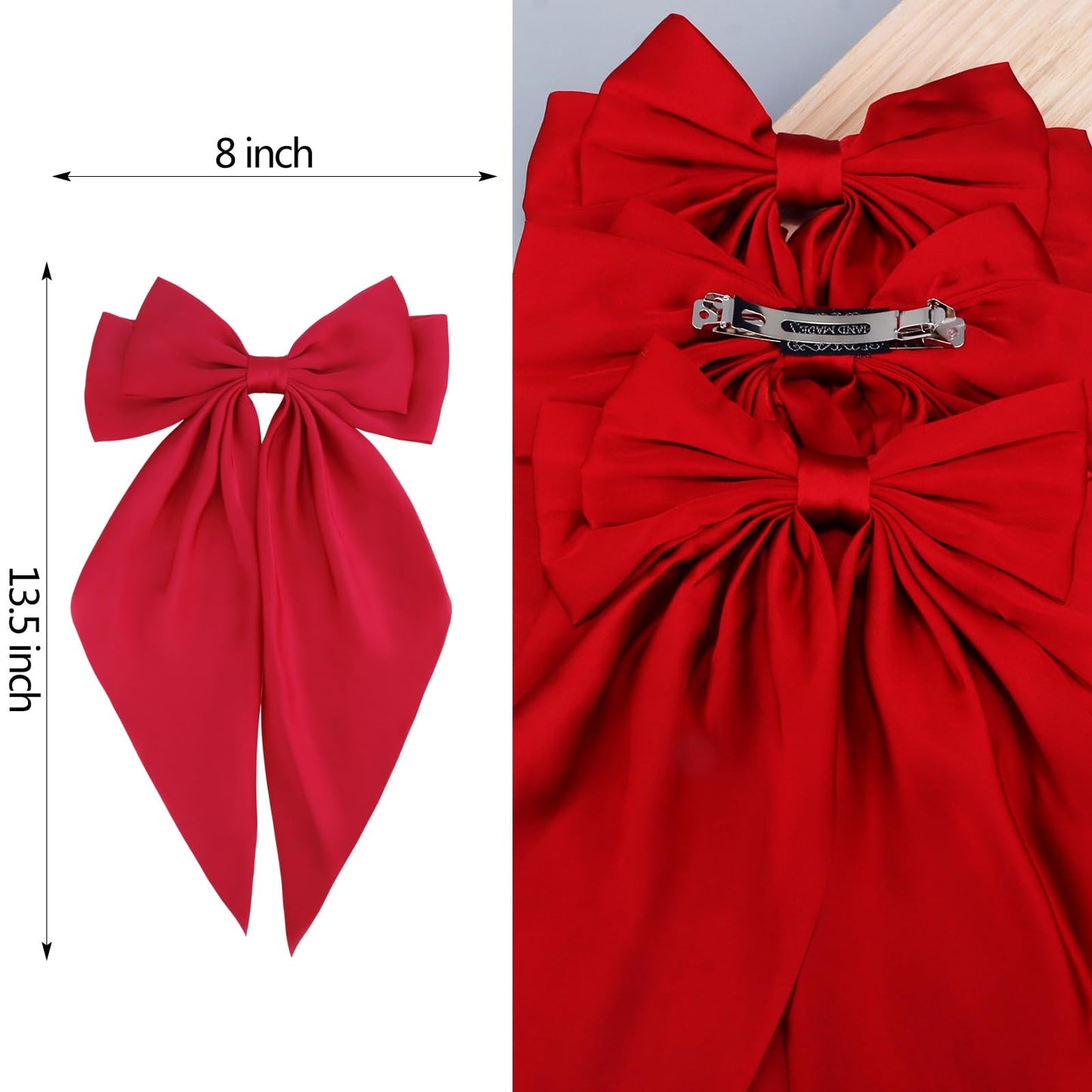 Velscrun Wine Red Hair Bows for Women Girls, Silky Satin Large Coquette Bow, Oversized Hair Ribbons 4Pcs Big Bows Clip Long Tail Bowknot Hair Barrettes Christmas Bow Accessories