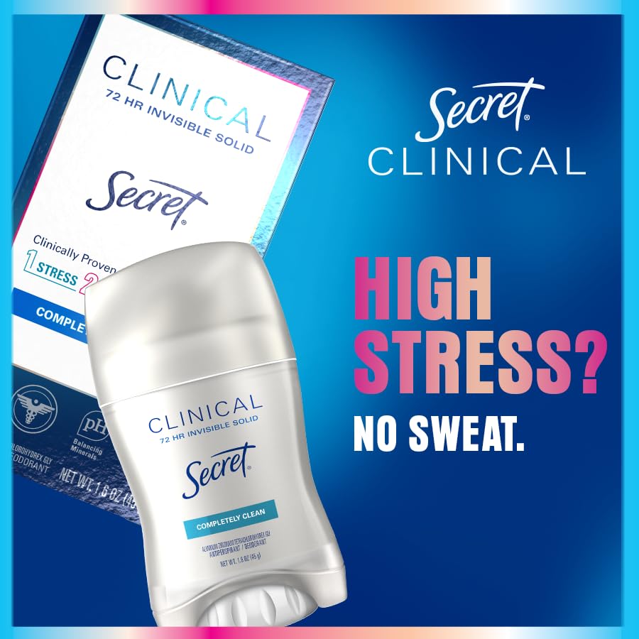 Secret Clinical Strength Antiperspirant Deodorant for Women, 3X Stress Protection, 72hr Sweat & Odor Protection, PH Balancing Minerals, Invisible Solid, Powder Protection Scent, 2.6 oz