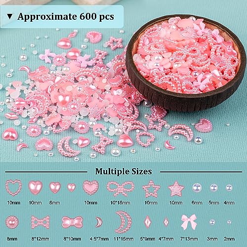 600Pcs 3D Multi Shapes Nail Charms and Flatback Pearls, Light Pink&White Mix Styles Heart Star Bow Sunflower Embellishments for Nail Art, Craft and Decoration with Tweezer and Pickup Pencil