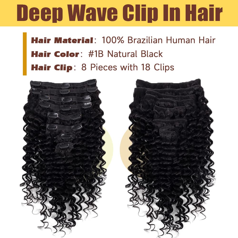 Tahikie Deep Wave Clip ins Human Hair Extensions for Women 8Pcs Deep Wave Clip in Hair Extensions Real Human Hair Thick to Ends with 18Clips Double Weft 120g (14 inch, #Natural Color)