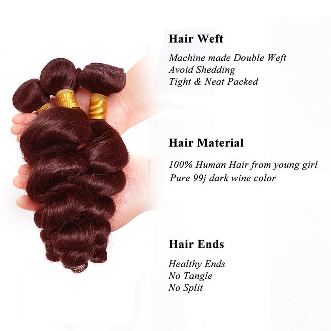 99J Burgundy Loose Deep Wave Human Hair Wefts 3 Bundles With 4x4 Lace Closure Brazilian Hair Extentions Red Wine Color Free Part 4x4 Hand tied Lace Closure (14"16"18"+14"closure, Burgundy/99J)