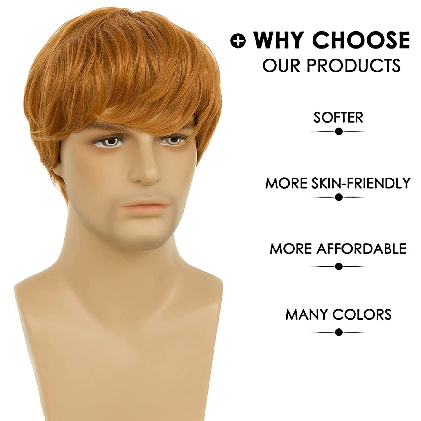 Beweig Mens Wig Short Orange Costume Hair Replacement Synthetic Cosplay Halloween Hair Wigs