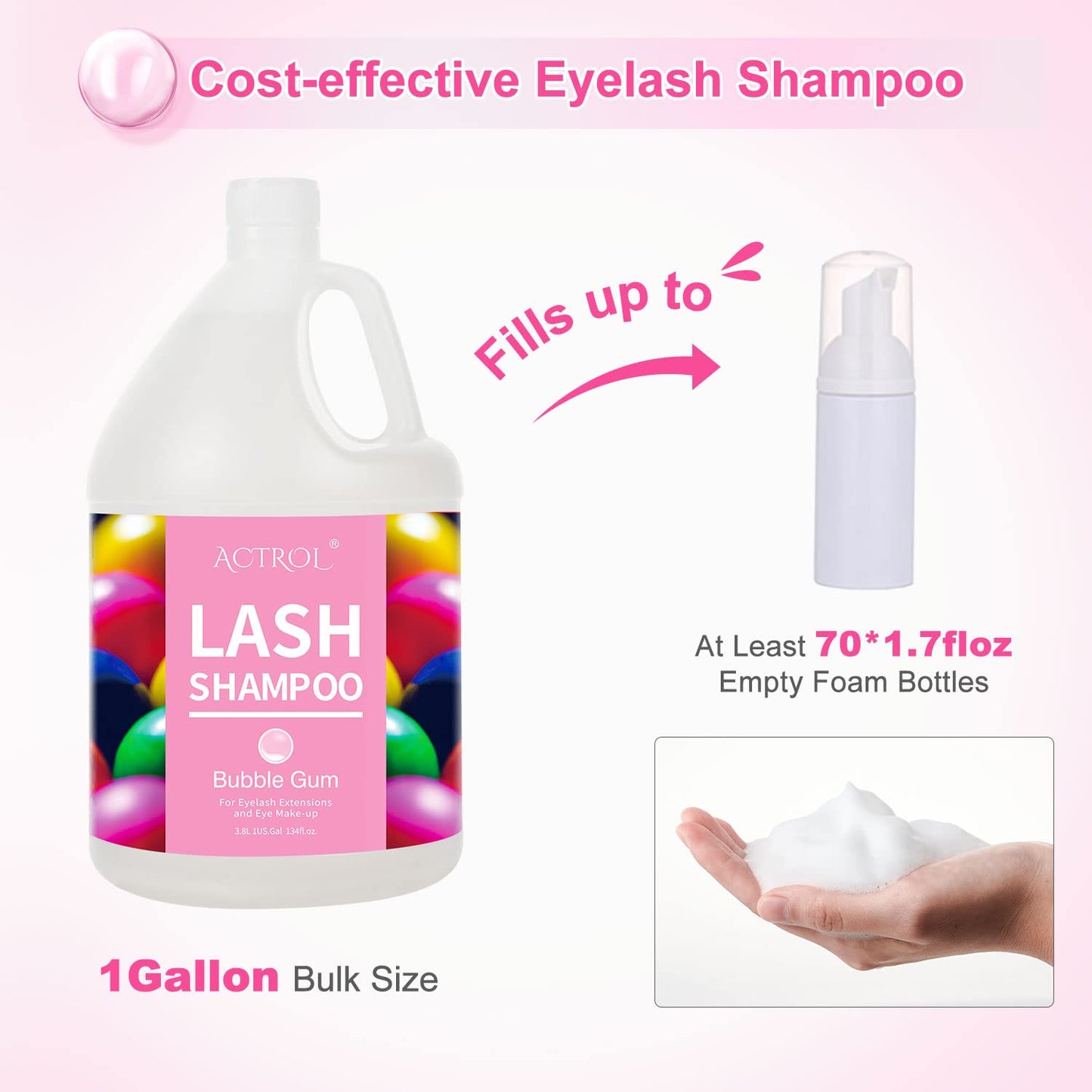 ACTROL Eyelash Extension Cleanser Gallon Bubble Gum 3.8L Natural Lash Extension Shampoo Professional Eyelid Foaming Cleanser Paraben & Sulfate Free Non-lrritating with Salon and Home Care