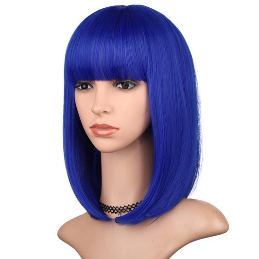 BEAUTIFA Blue Bob Wig with Bangs for Women 12 Inch Short Straight Blue Wigs Synthetic Colored Wigs