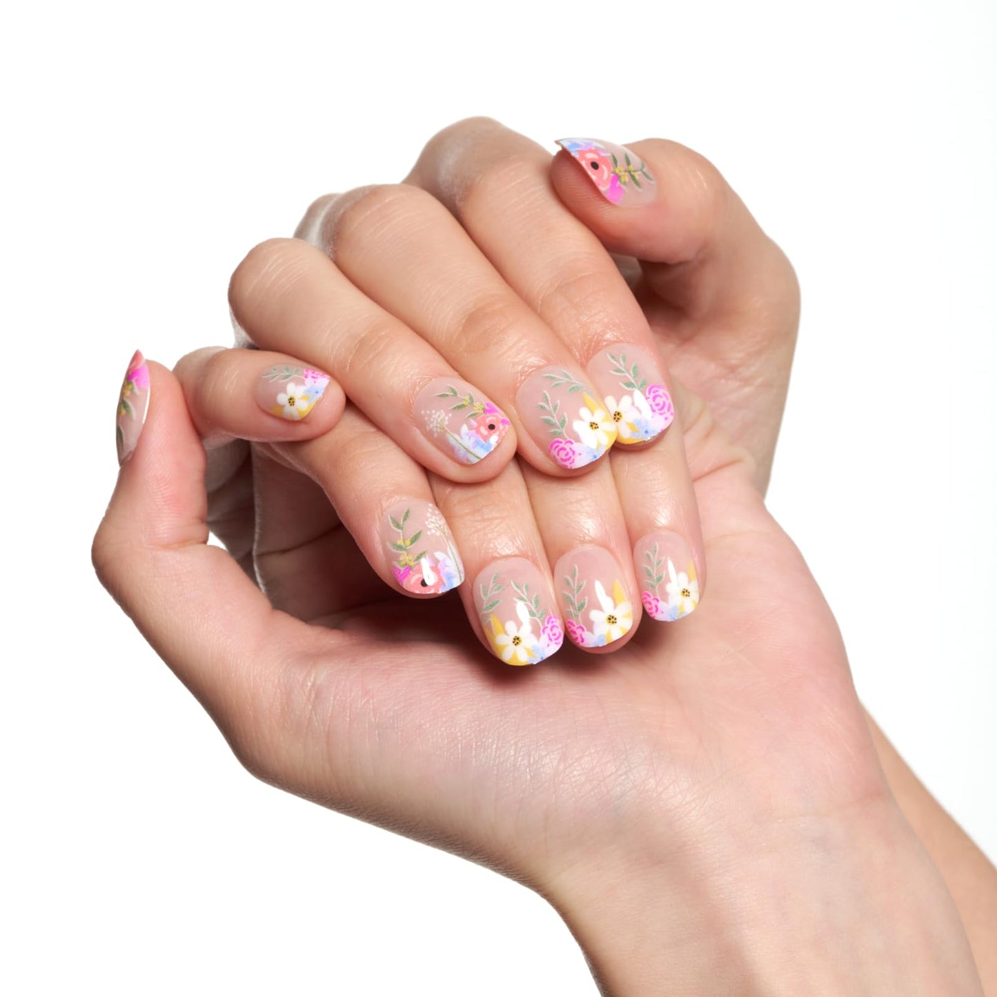 GLAMERMAID Nude Floral Extra Short Press on Nails, Pink Daisy Fake Nails Short Squoval, Natural Round Square Glue on Nails Glossy Gel, Acrylic False Nail Manicure Kit for Women, Reusable Stick on Nail