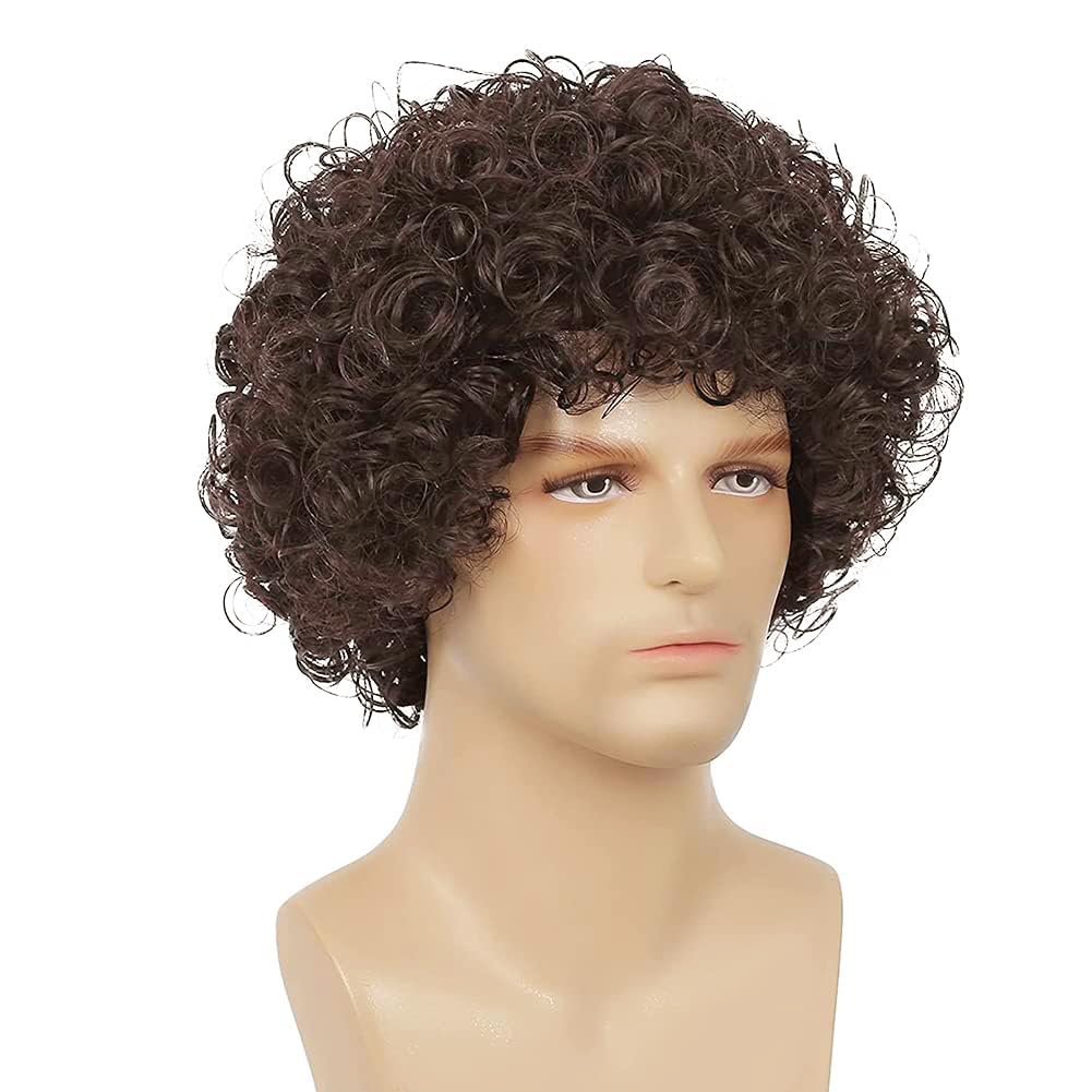 Dai Cloud Short Brown Curly Afro Wigs for Men Fluffy Rocker Synthetic Wigs for Cosplay Costume Wigs(Dark Brown)