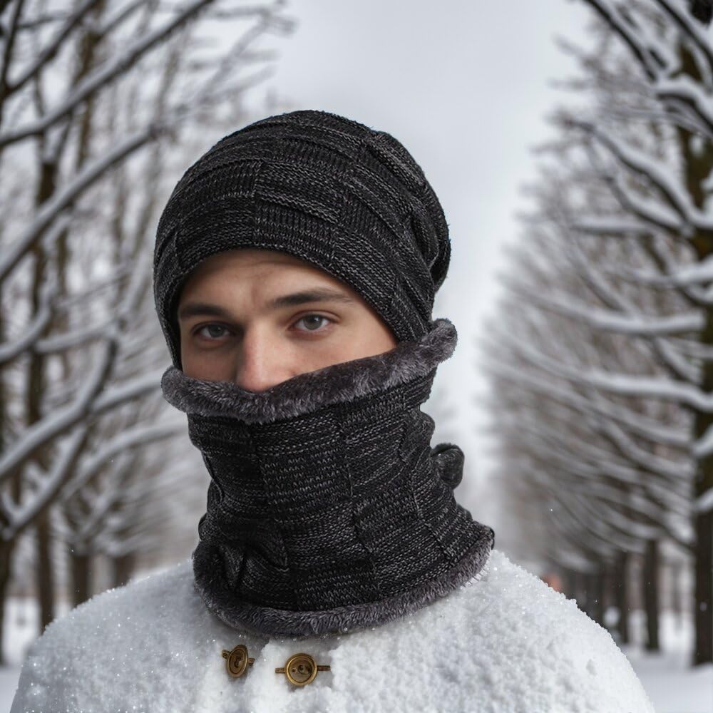 ABUDDER 6 Pieces Winter Beanie Hat Gloves Scarf Set for Men Women,Knit Fleece Lined Winter Hat Touchscreen Gloves Neck Warmer Set for Cold Weather