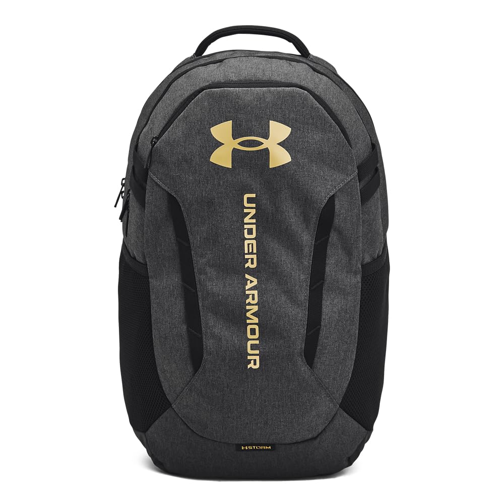 Under Armour Unisex-Adult Hustle 6.0 Backpack, (005) Black Full Heather/Black/Metallic Gold, One Size Fits Most