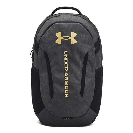 Under Armour Unisex-Adult Hustle 6.0 Backpack, (005) Black Full Heather/Black/Metallic Gold, One Size Fits Most