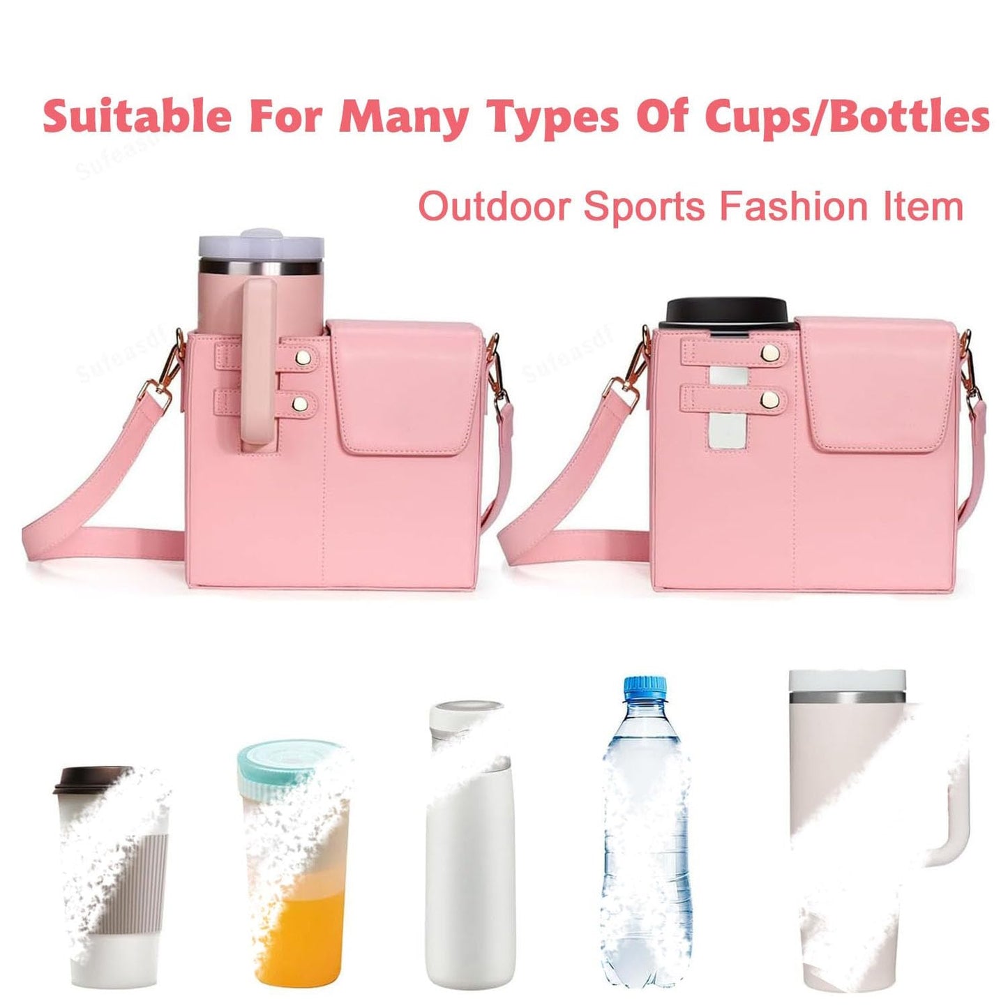 Outdoor Portable Crossbody Water Cup Storage Bag,Crossbody Cup Holder Bag,Crossbody Bag With Water Bottle Holder,for Stanley Purse Cup Holder Bag,Leather Water Bottle Bag With Adjustable Strap (Pink)