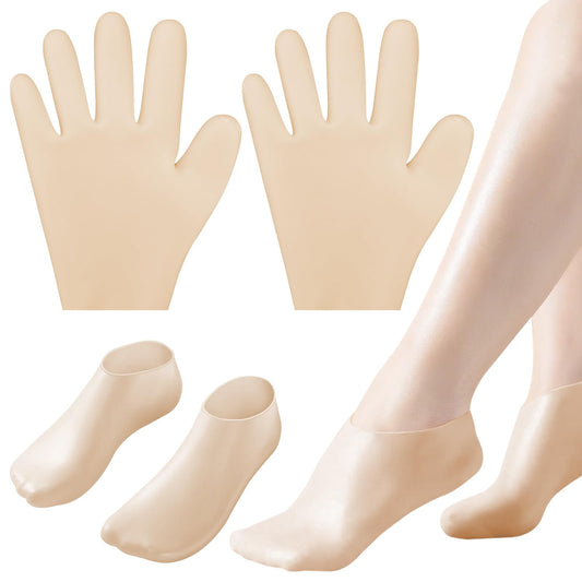2 Pair Silicone Moisturizing Socks Gloves Set, Gel Socks for Dry Cracked Feet Women Men, Lotion Aloe Spa Pedicure Socks for Foot Softening Care, Silicone Hand and Feet Gloves (Nude)