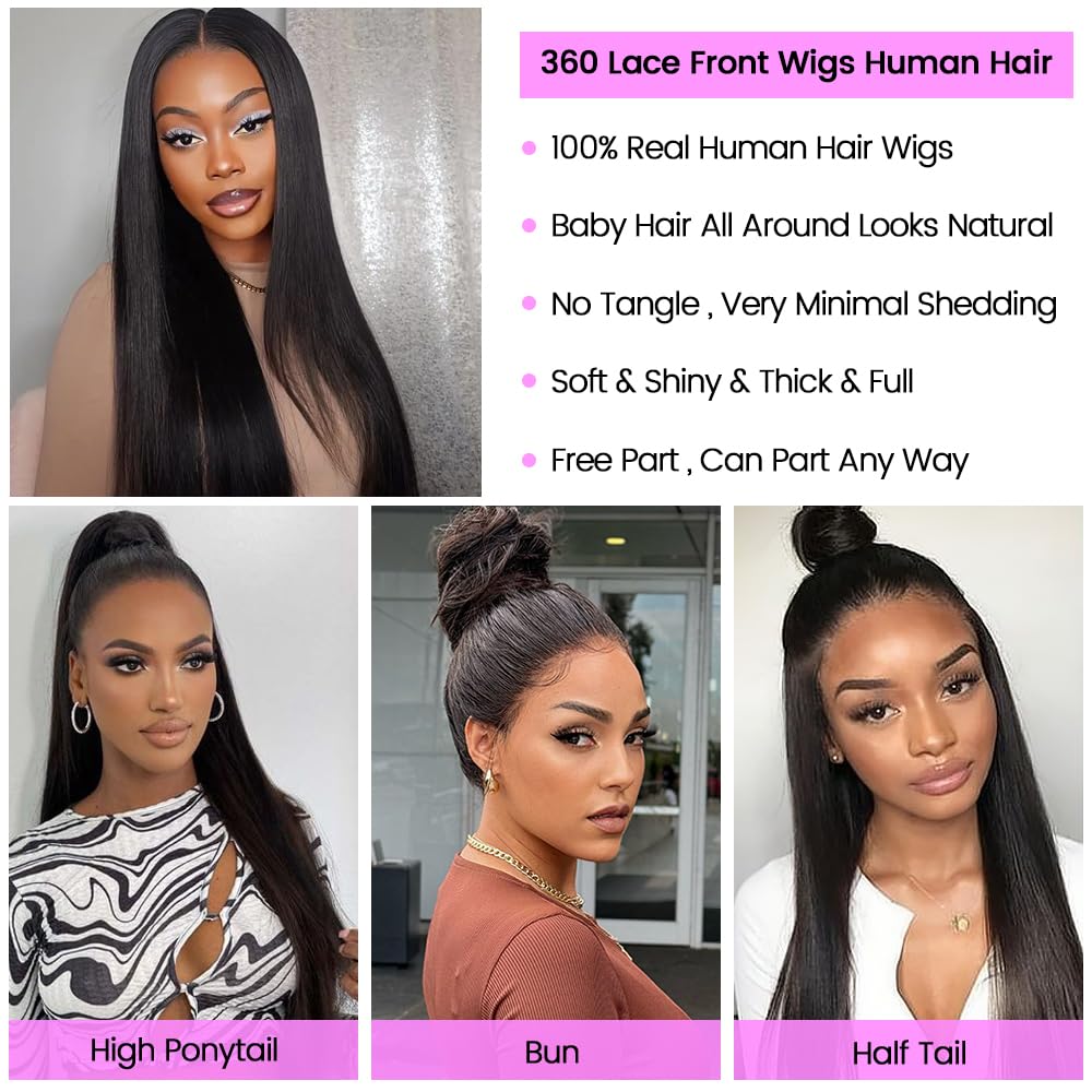 360 Lace Front Wigs Human Hair 360 Lace Front Wigs Pre Plucked Hairline, Wear And Go Human Hair HD Transparent Lace Frontal Wigs Human Hair for Women Glueless Wigs Human Hair with Baby Hair (14 Inch)