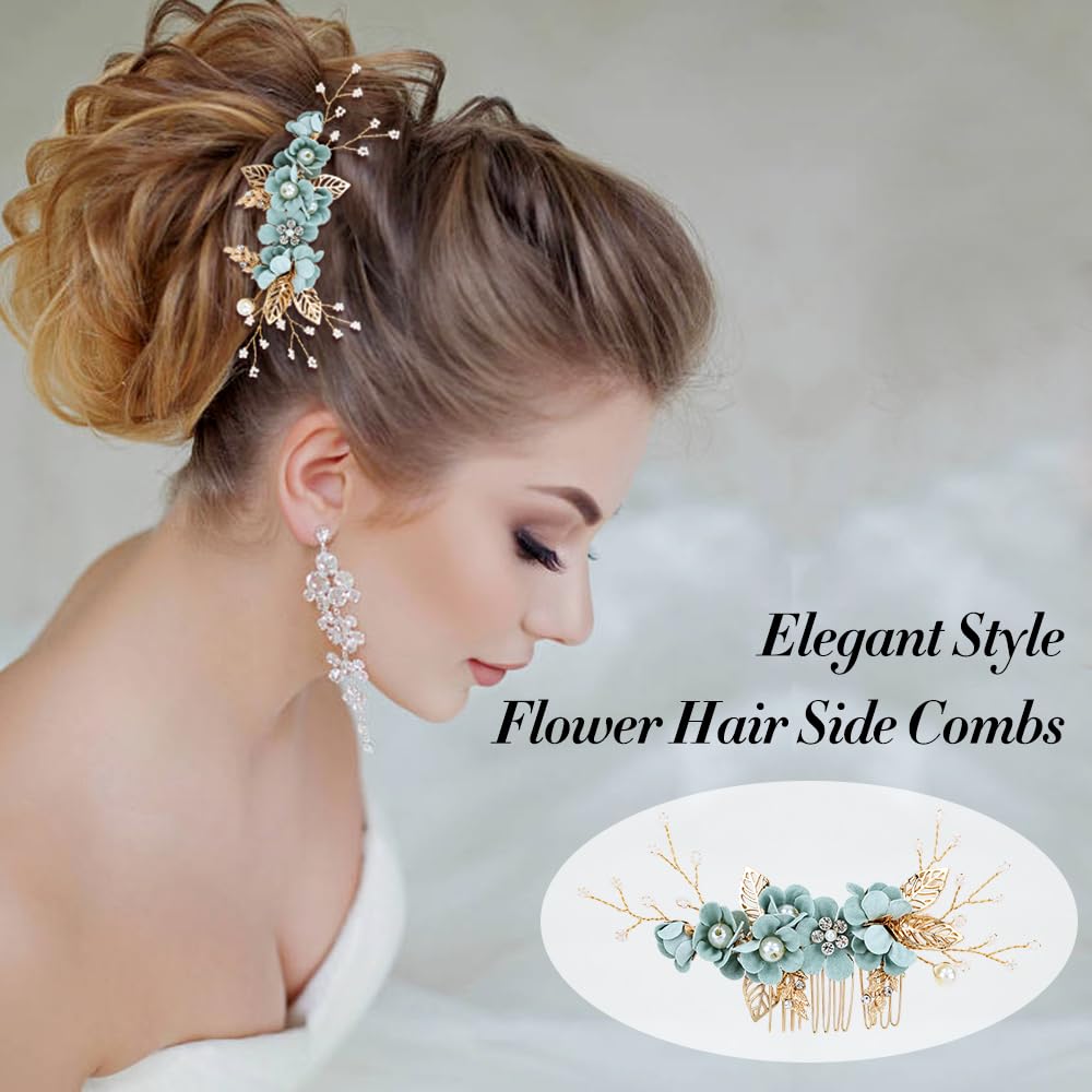 Cinaci 18 Pieces Bridal Wedding Party Prom Pearl Rhinestone Light Green Flower Hair Side Combs Slides+U-shaped Flower Hair Pins+Twist Spiral Hairpins Floral Headpieces for Brides Bridesmaids Women Gir