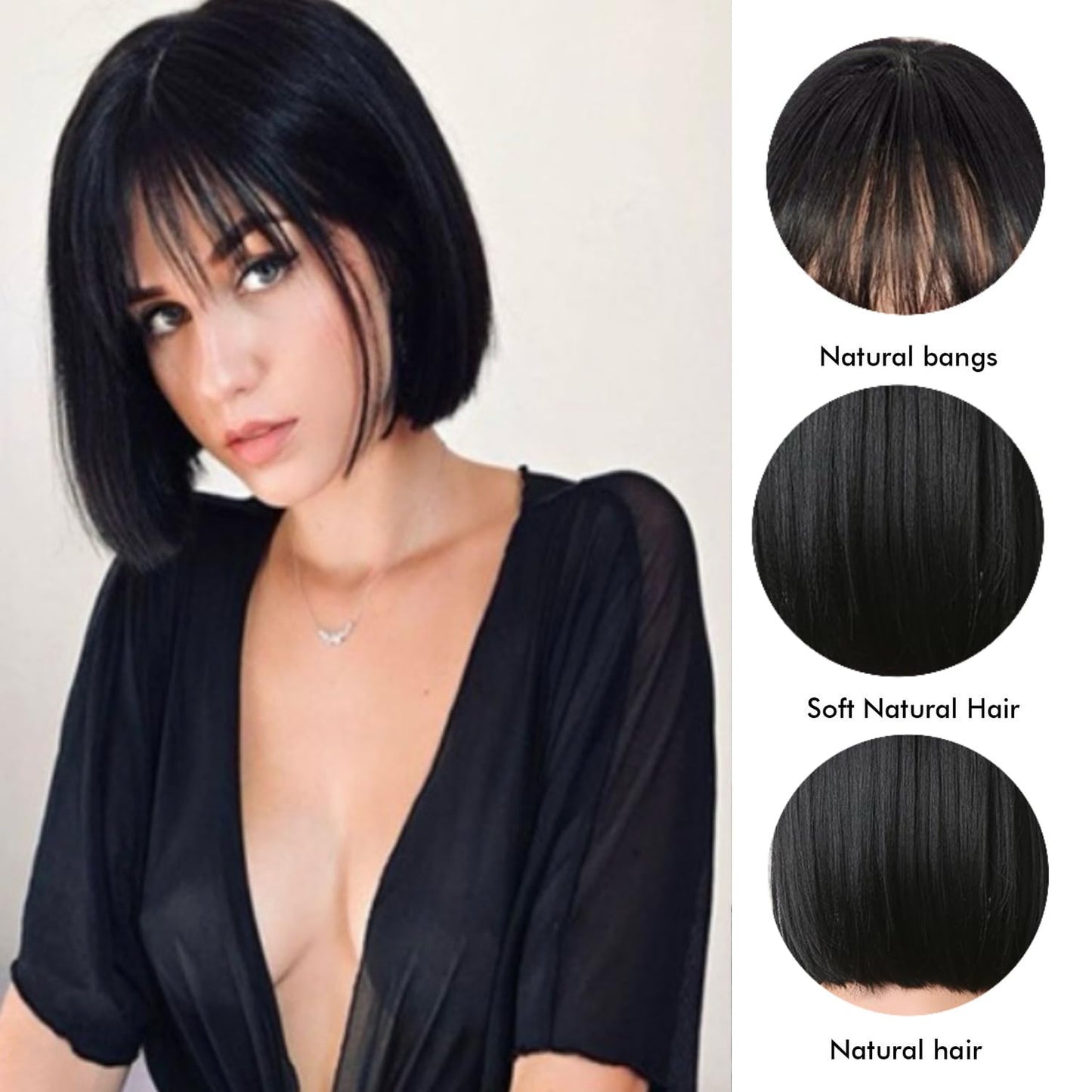 Tangyaoyusun 12Inch Black Wig with Bang Short Straight Bob Hair For Girls Women Theme Party(Black)