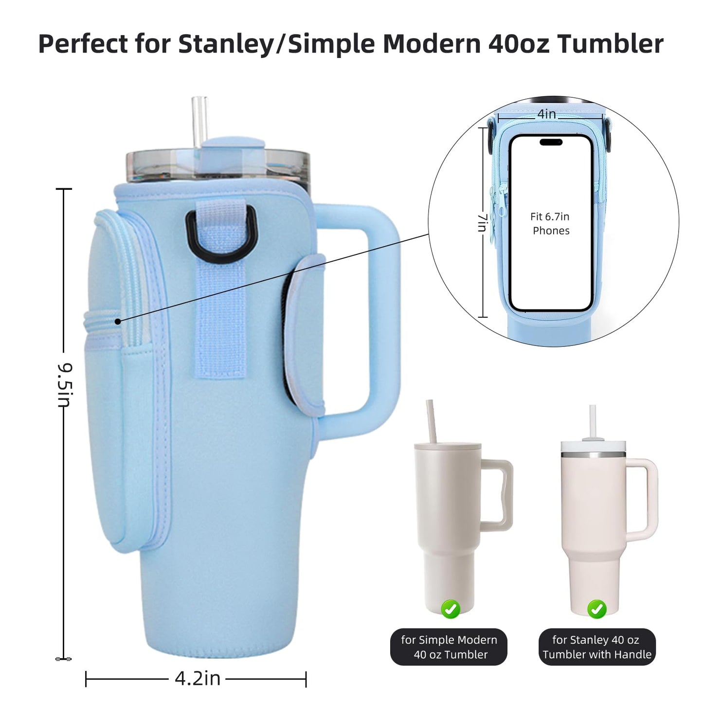 GOEWY Water Bottle Carrier Bag for Stanley 40oz Tumbler with Phone Pocket Water Bottle Holder with Strap Neoprene Water Bottle Pouch for Stanley Cup Accessories