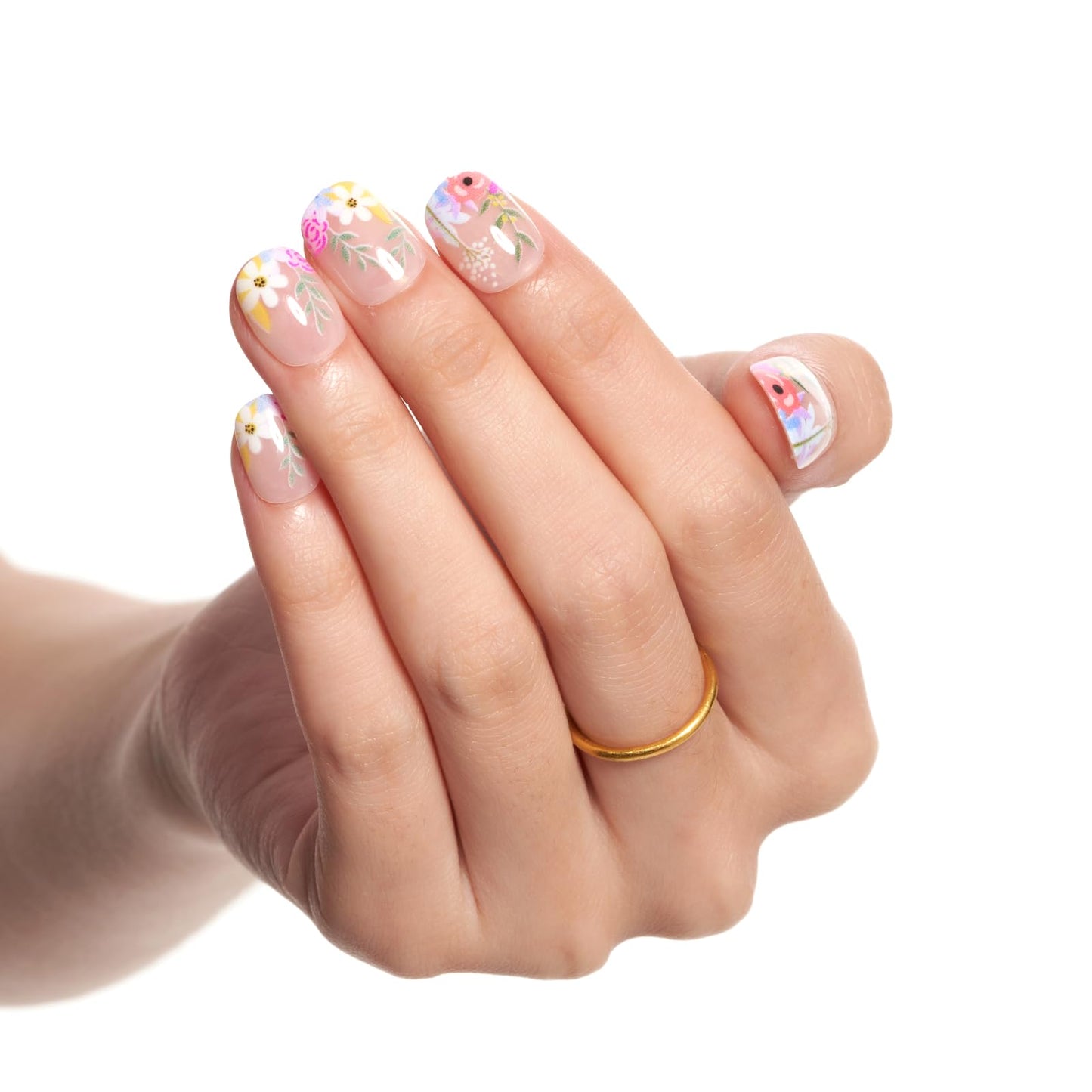 GLAMERMAID Nude Floral Extra Short Press on Nails, Pink Daisy Fake Nails Short Squoval, Natural Round Square Glue on Nails Glossy Gel, Acrylic False Nail Manicure Kit for Women, Reusable Stick on Nail