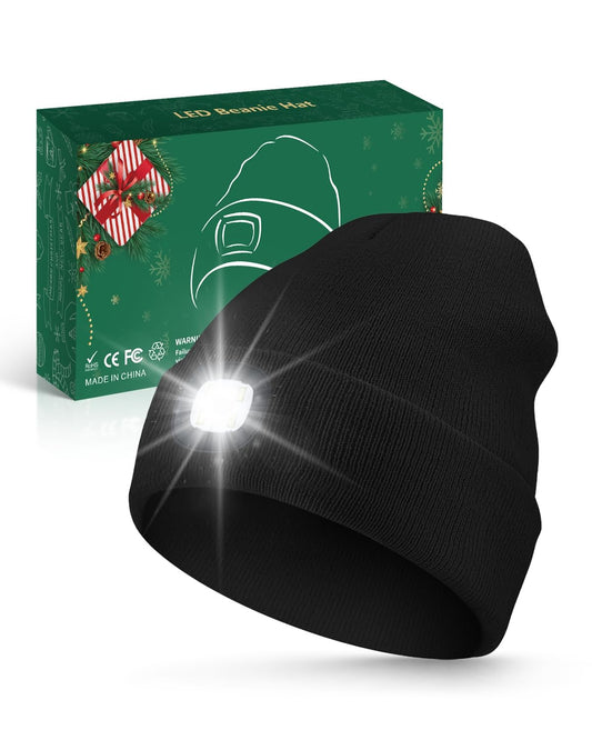 MOXTOYU Unisex Beanie with Light, USB Rechargeable LED Headlamp Hat, Christmas Stocking Stuffers Gifts Warm Knitted Cap for Men Women Dad Mom Black