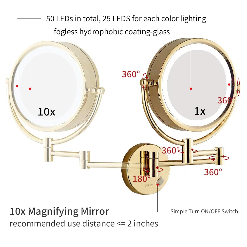 GURUN 8.5 Inch Magnifying Makeup Mirror with 3 Tones LED Lights Double Sided Vanity Mirror for Bathroom with 10X Magnification M1809DJ (Gold 10X)