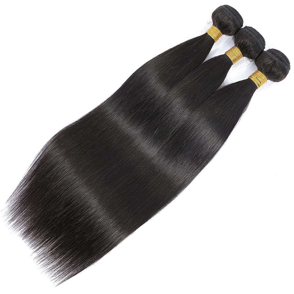 #1B Straight Human Hair Bundles 8a Grade Natural Color Double Weft Brazilian Remy Hair Weave Extensions Wet and Wavy Bundles Soft and Silky for Black Women (26 26 26 inch,3 Bundles)