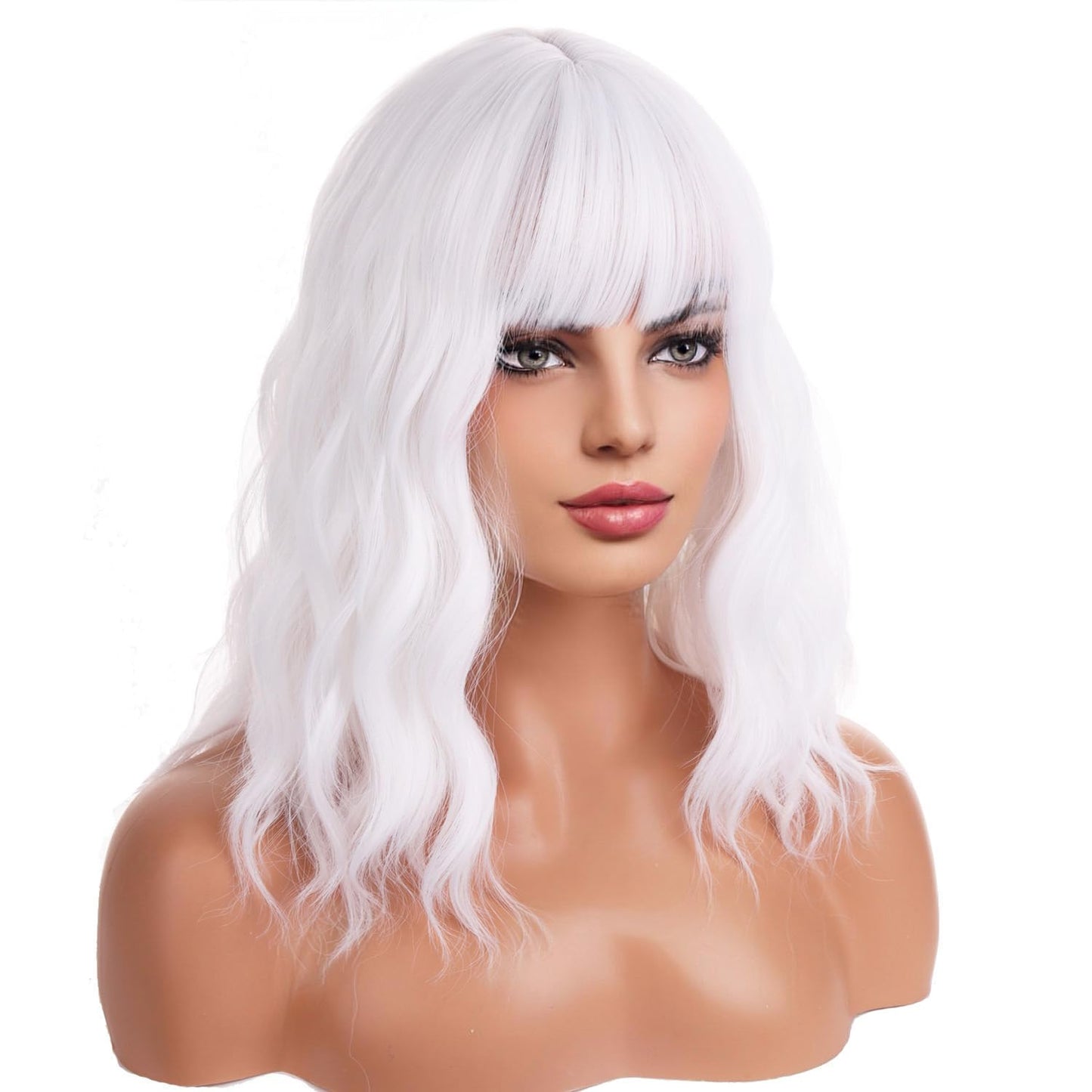 BERON 14 Inches White Wig Short Curly Wig Women Girl's Synthetic Wig White Wig with Bangs Wig Cap Included