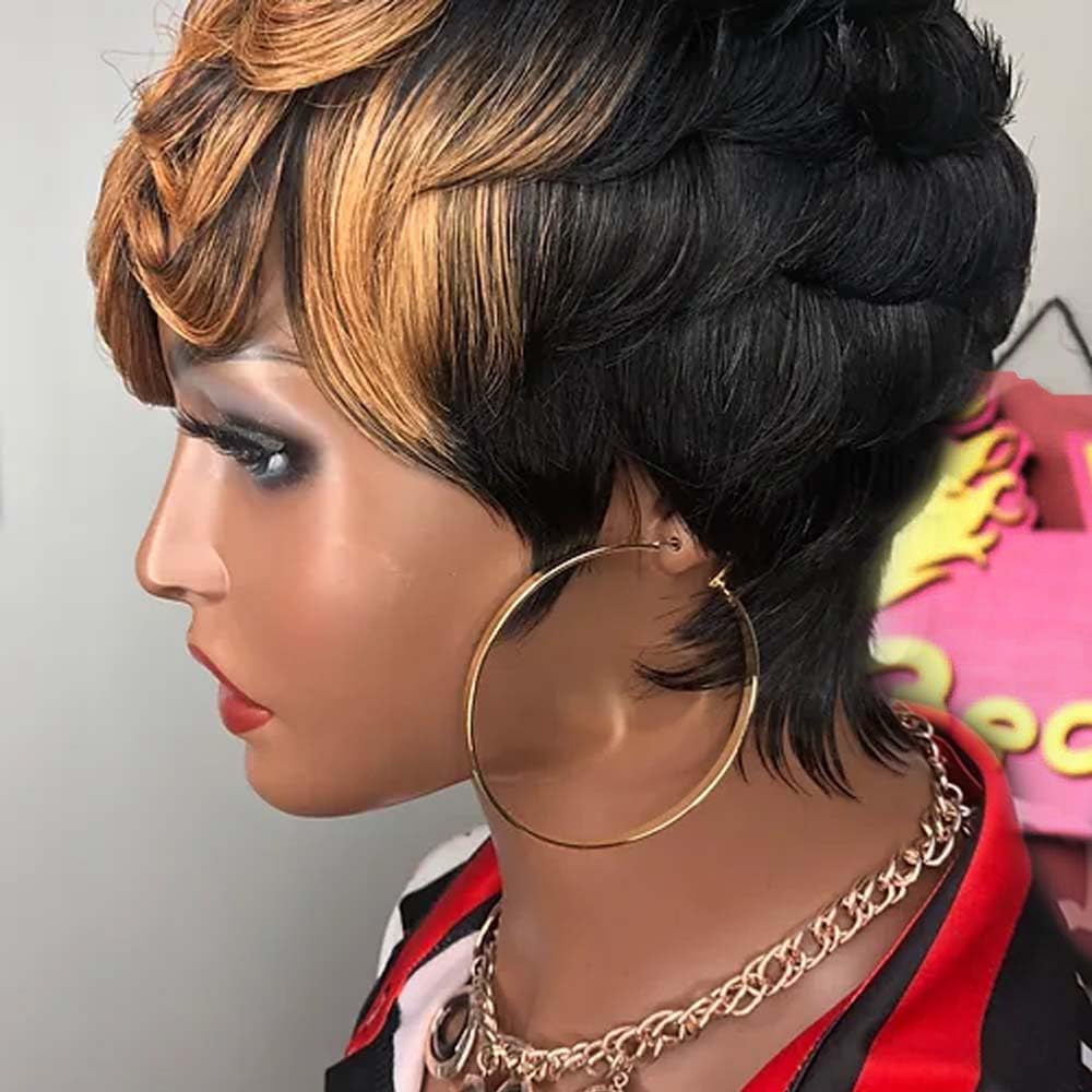 VRZ Short Curly Pixie Cut Wig Human Hair Short Wigs for Black Women pixie cut wigs human hair Short Human Hair Pixie Cut Glueless Wig Short Wigs Natural Curly with Brown R1B/30