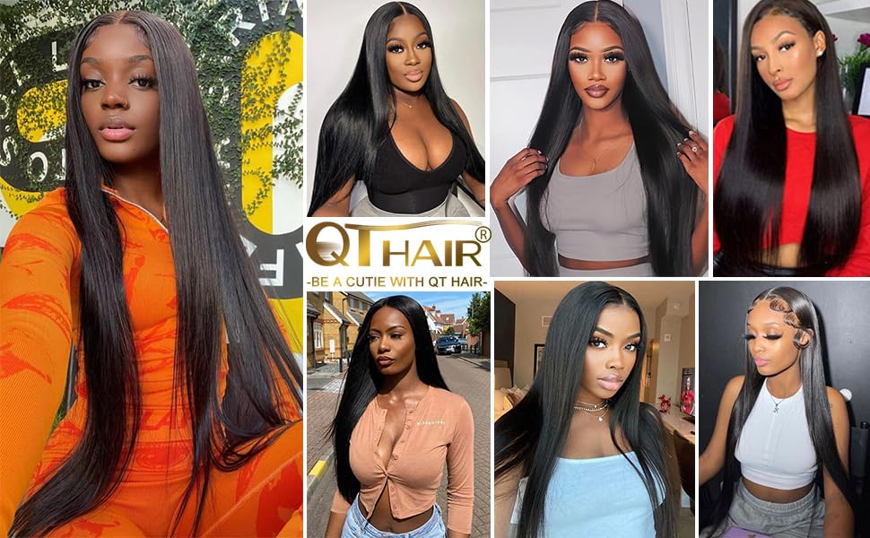 QTHAIR 14A Grade Brazilian Straight Human Hair Bundles with Closure(14" 16" 16"+12"Free Part Lace Closure,Natural Black) 100% Unprocessed Brazilian Virgin Hair Extensions for All Women