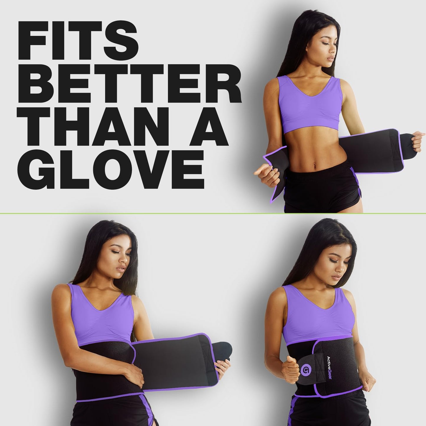 ActiveGear Waist Trainer for Women & Men - Sweat Band Waist Trimmer Belt for a Toned Look - Reinforced Trim and Extra Secure Fastening (Purple Hem, Medium: 8” x 42”)