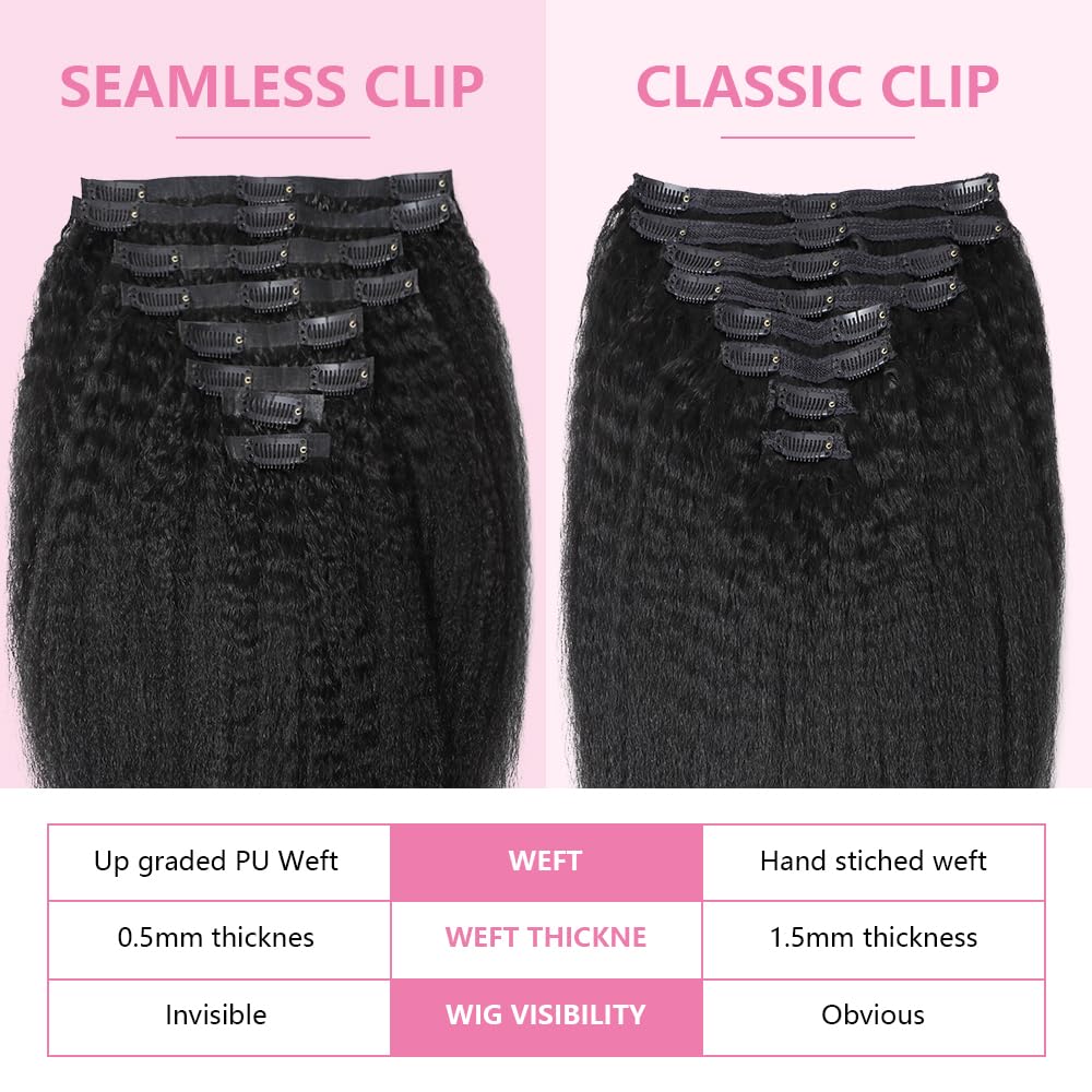 Seamless Clip In Hair Extensions Human Hair Invisible Pu Skin Weft Kinky Straight Seamless Clip Ins For Black Women Real Human Hair Extensions 8pcs With 18clips Per Set 120g (20inch,Natural Black)