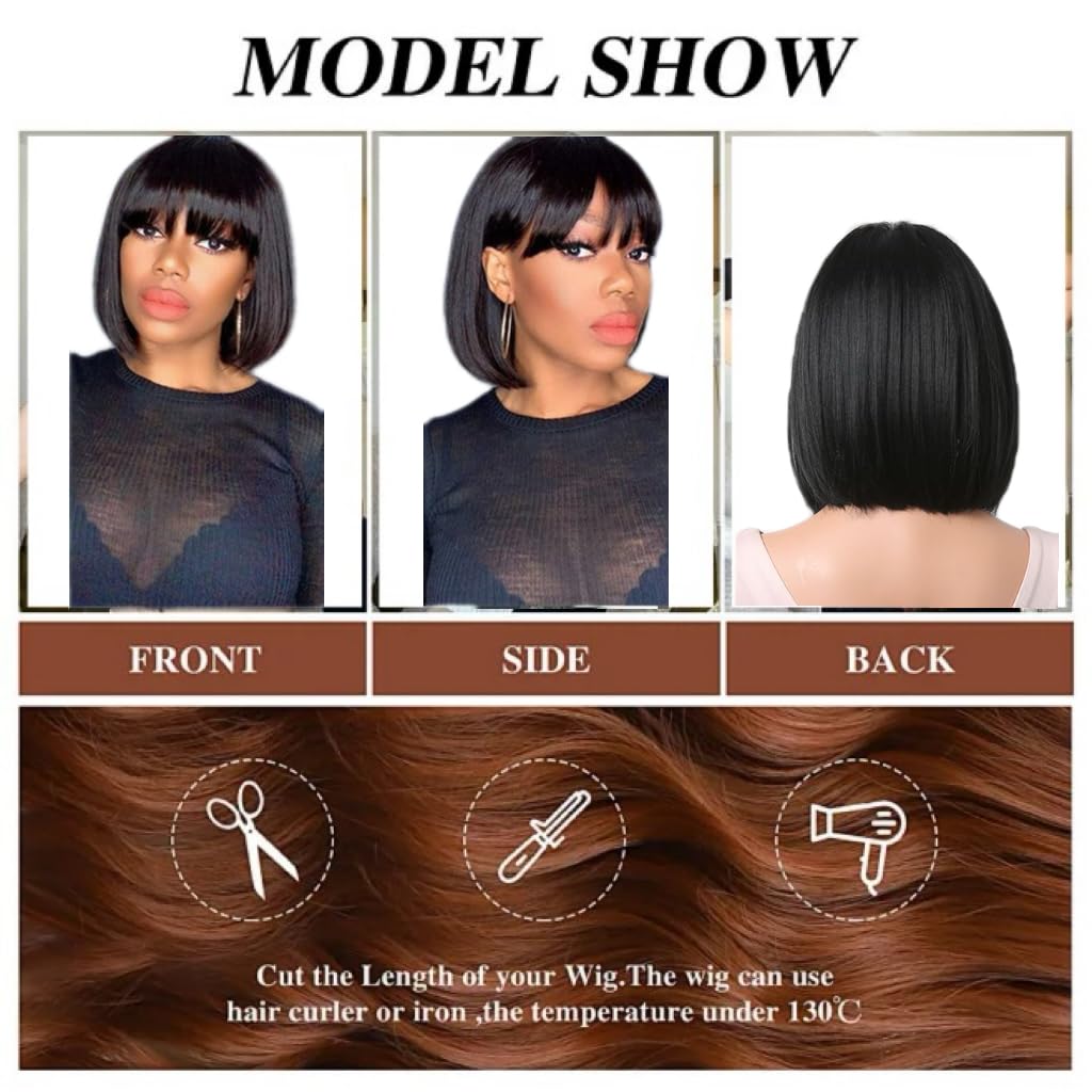 Tangyaoyusun 12Inch Black Wig with Bang Short Straight Bob Hair For Girls Women Theme Party(Black)