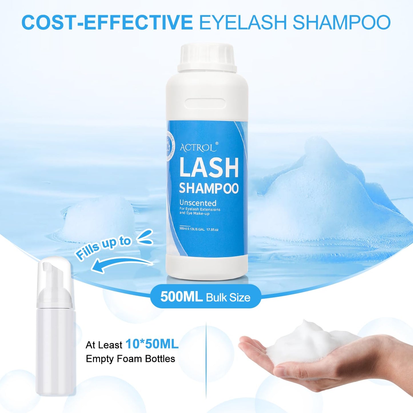 ACTROL Eyelash Shampoo Cleanser 500ml, Natural Plant Ingredients, 17 Fl Oz, Shampoo Salon and Home Care, Cleansing, Alcohol Free, Paraben Free, Unscented Hydrosol