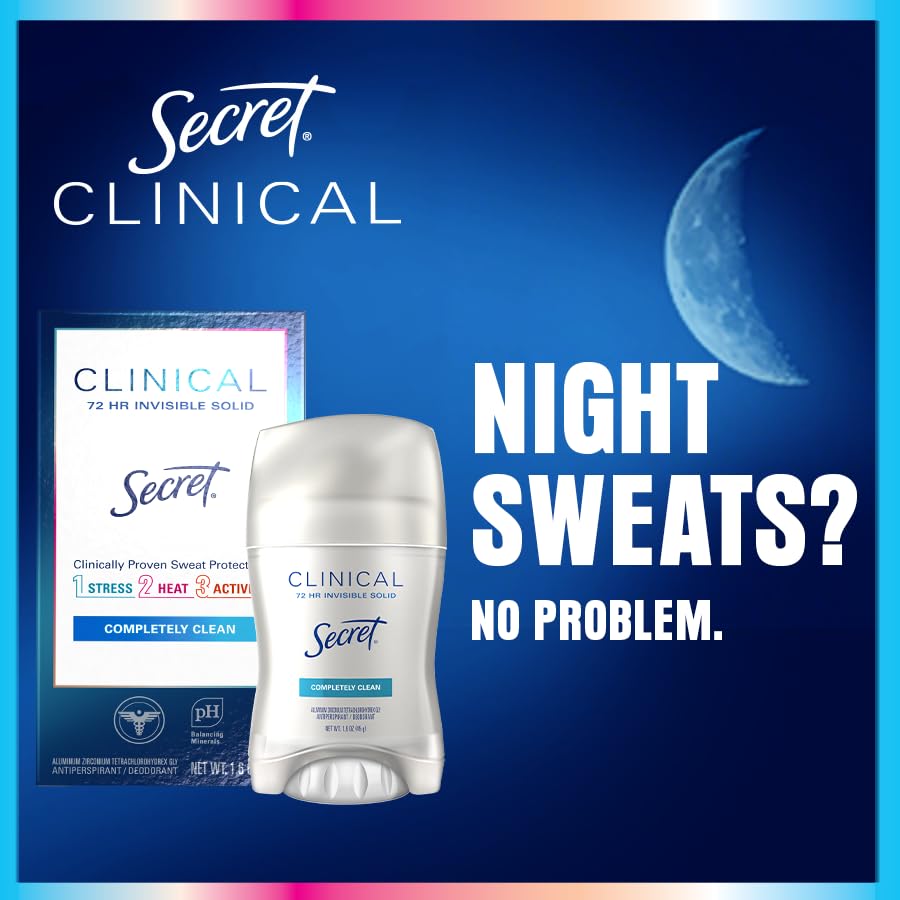 Secret Clinical Strength Antiperspirant Deodorant for Women, 3X Stress Protection, 72hr Sweat & Odor Protection, PH Balancing Minerals, Invisible Solid, Powder Protection Scent, 2.6 oz