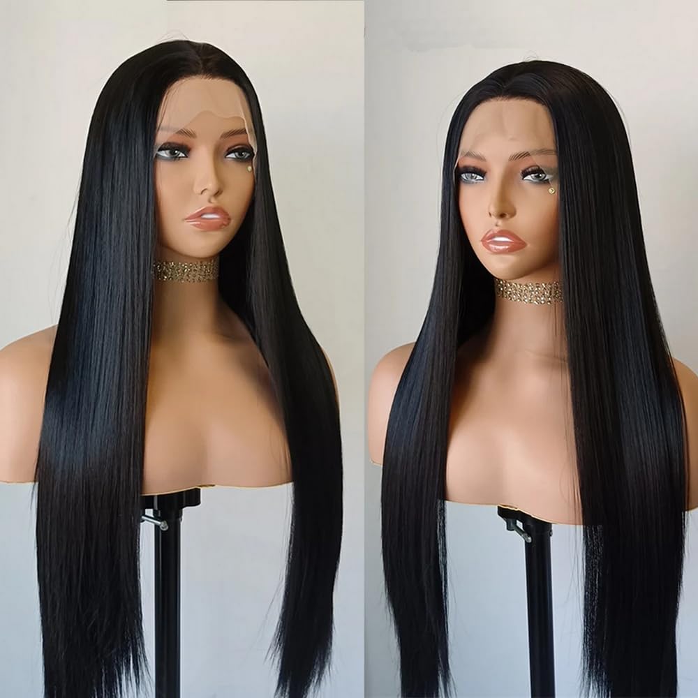 MSMYRNS Long Straight HD Lace Wig Middle Parting Synthetic Wigs 1B Black Color For Women Girls Party Cosplay Costume Wig Halloween Hair 26 Inch
