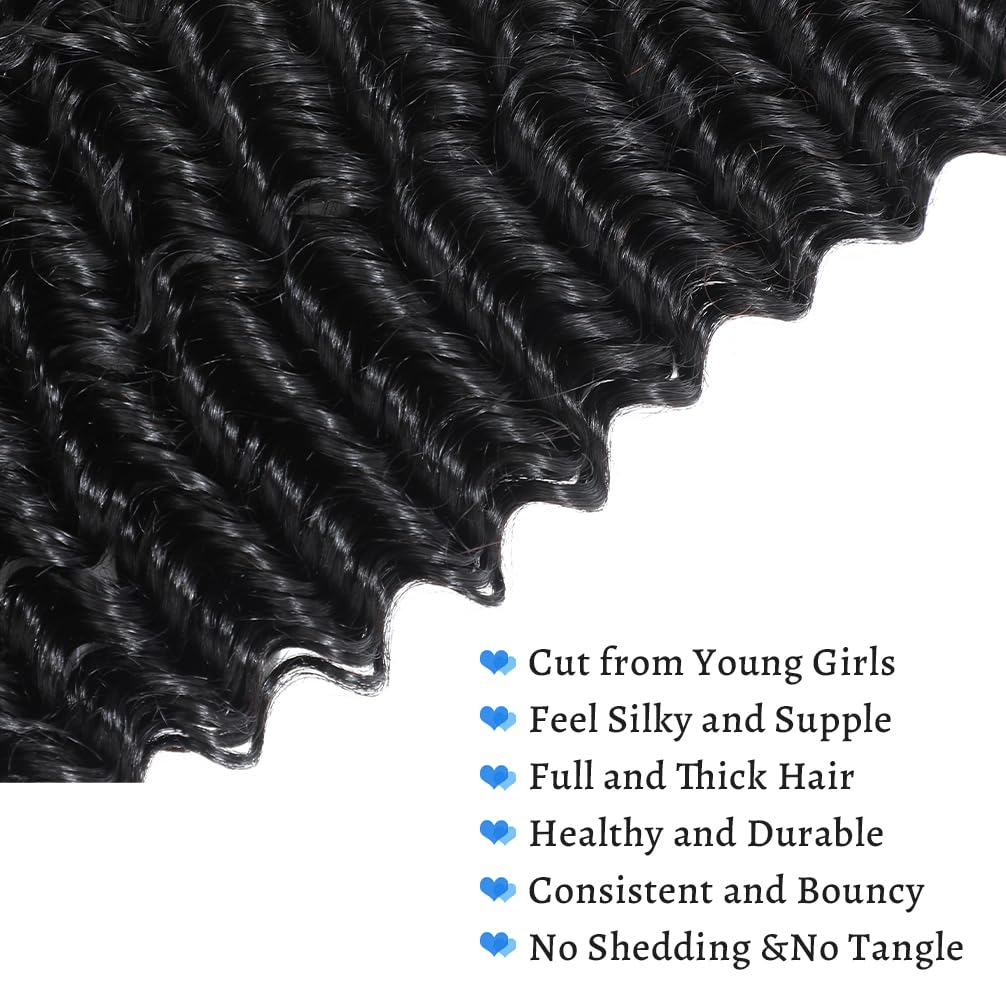 14A Deep Wave Bundles Human Hair 16 18 20 Inch, Full and Silky 100% Unprocessed Brazilian Virgin Human Hair Extensions Natural Black (Deep Wave Bundles, 16 18 20)